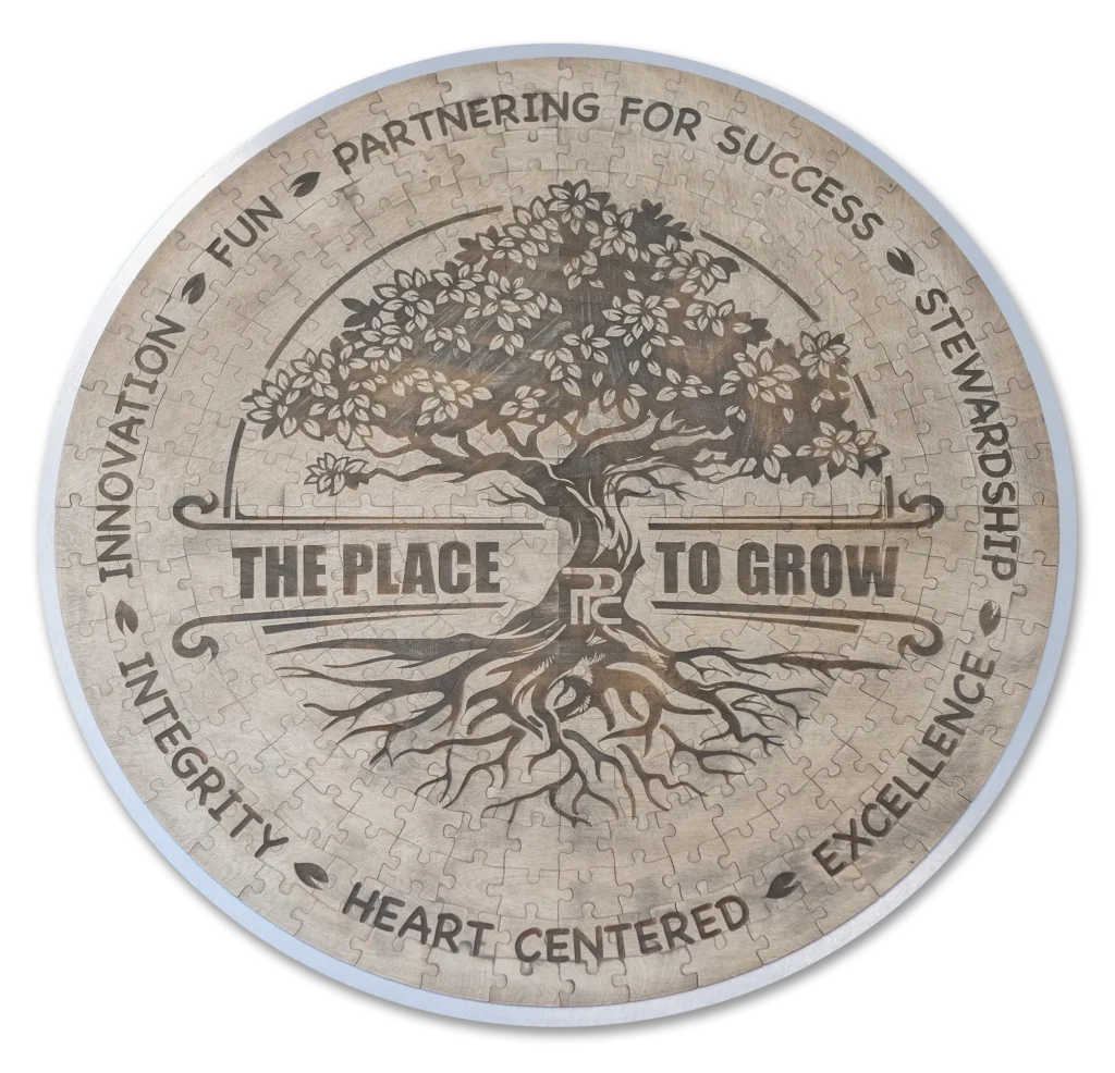 A round accountancy-themed puzzle featuring a tree with roots and leaves. Text in the center reads The Place to Grow. Surrounding the tree are the words: Innovation, Fun, Partnering for Success, Stewardship, Integrity, Heart Centered, Excellence.